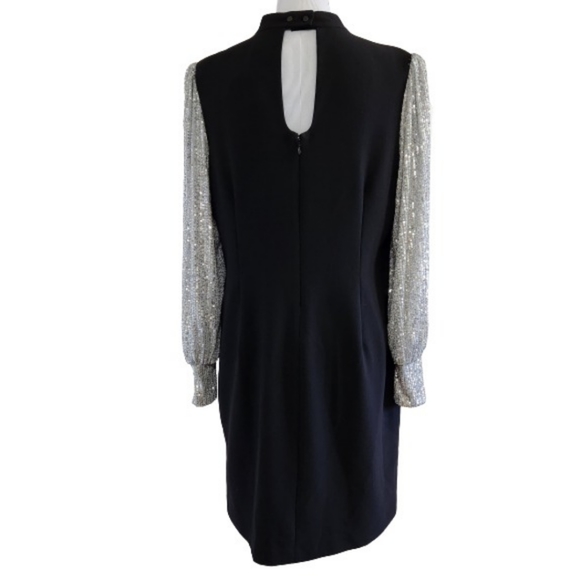 🆕️⬇️Nicole Miller Black Stretch Crepe Camille Dress With Sequin Puff Sleeves - Picture 10 of 15